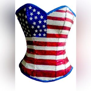 USA Flag Blue Satin Sequins Burlesque Bustier Waist Cincher Corset
